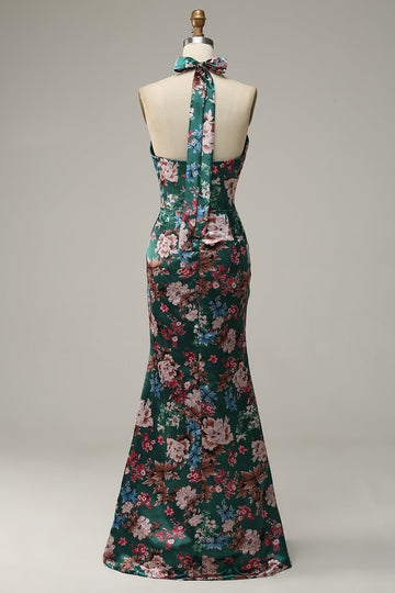 Flower Print Mermaid Halter Satin Ball Dress